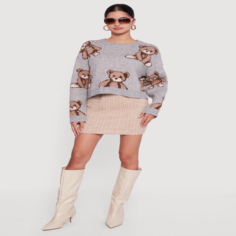 Brushed Knit Teddy Bear Print Long Sleeve Crew Neck Sweater