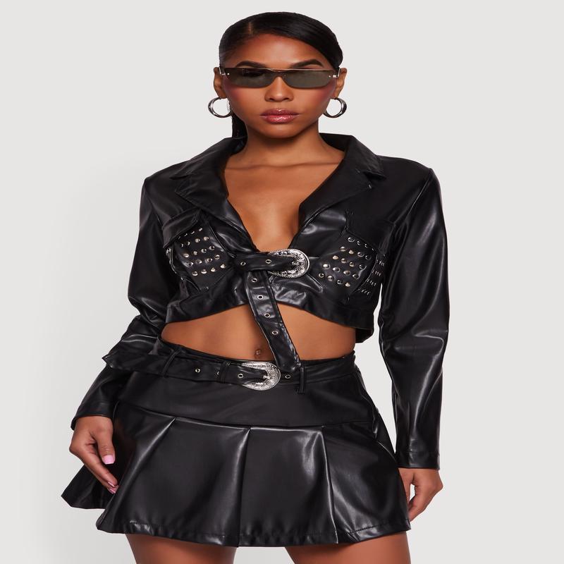 Cropped Faux Leather Belted Front Studded Jacket