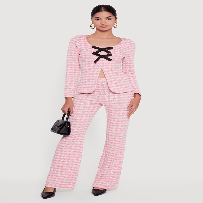 Plaid Tweed High Waisted Flare Dress Pants