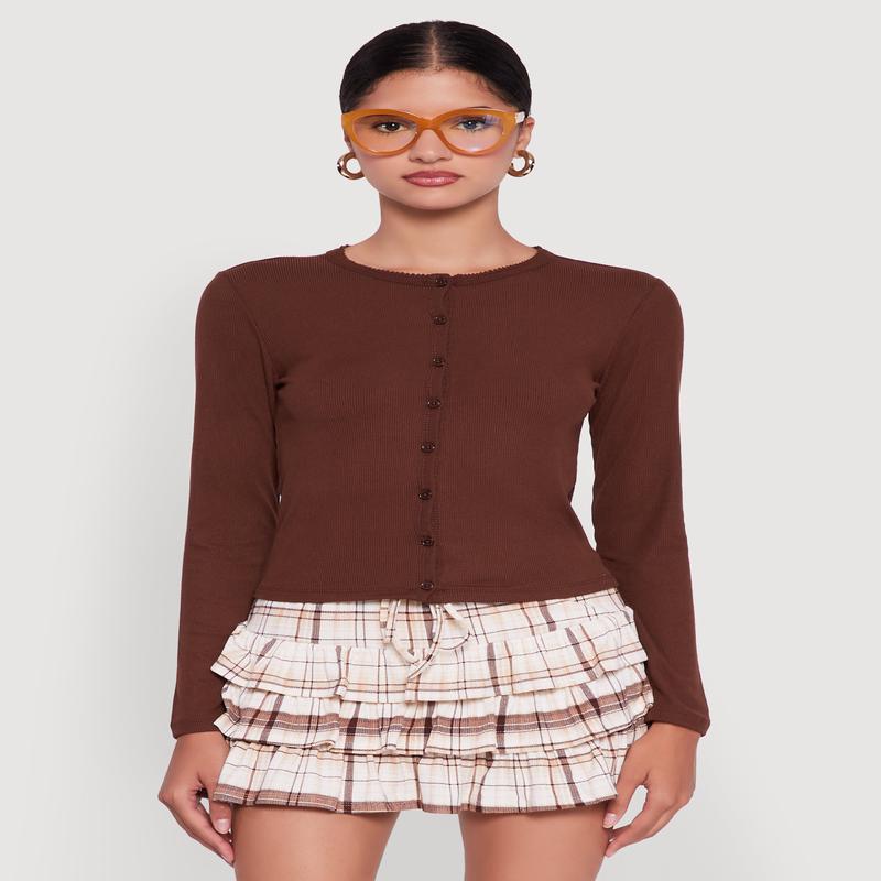 Rib Knit Button Front Long Sleeve Cardigan