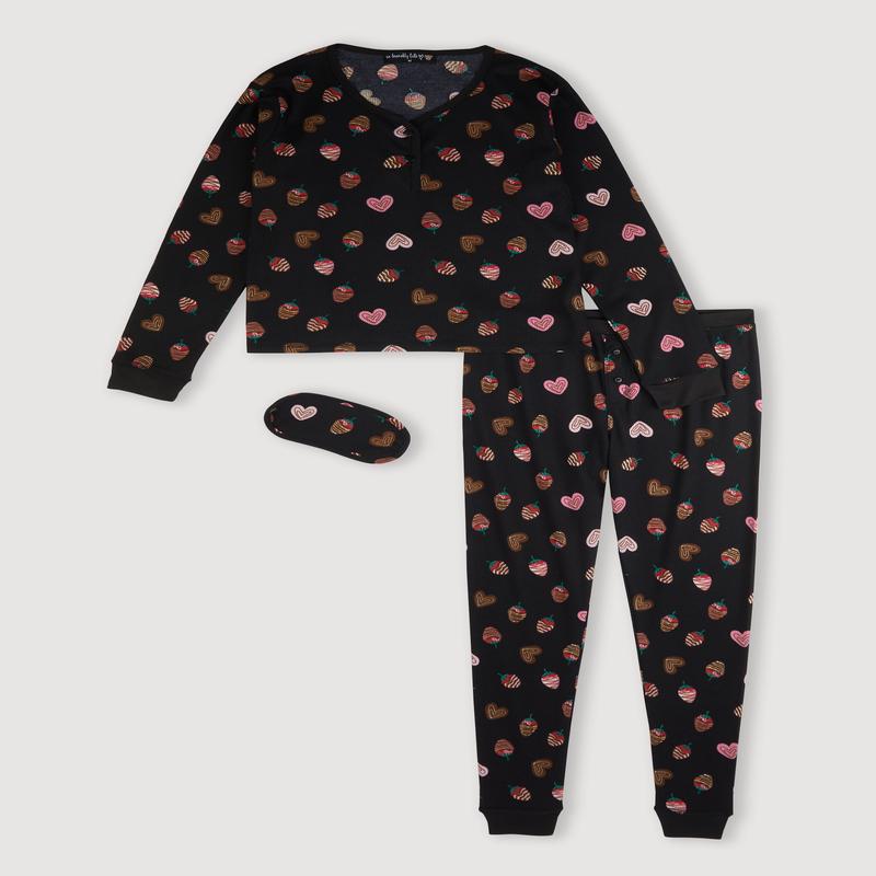 Strawberry Heart Print Waffle Knit Thermal Pajama Gift Set