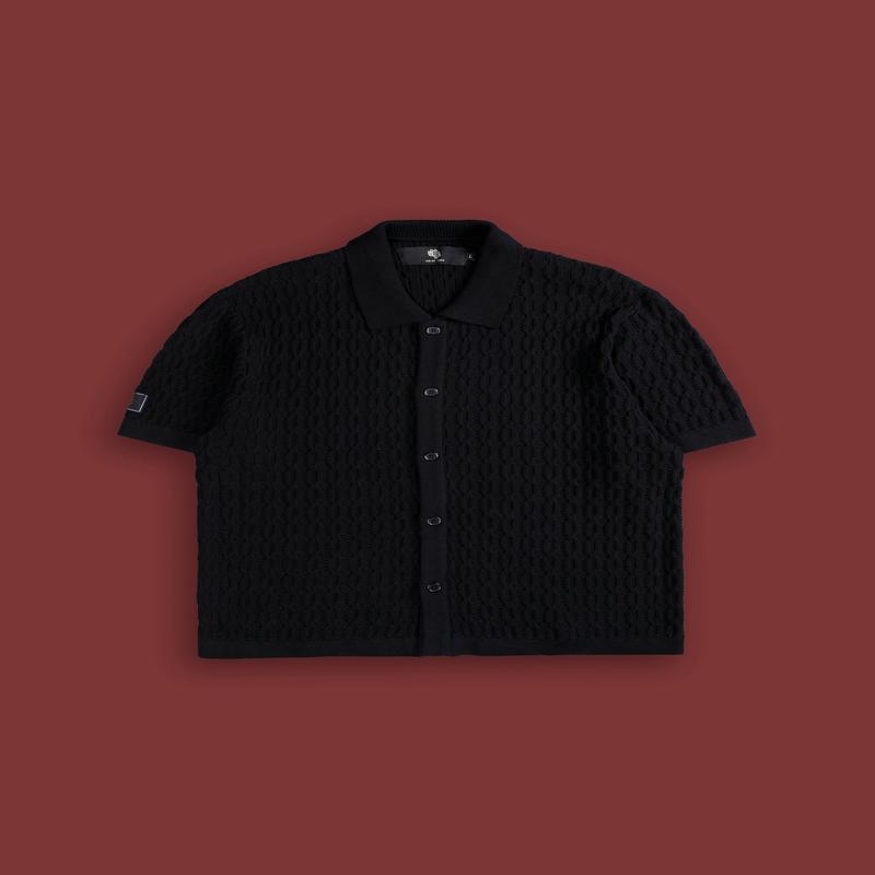 Wolf Patch Wah-El Knit S/S Button Up Shirt in Black