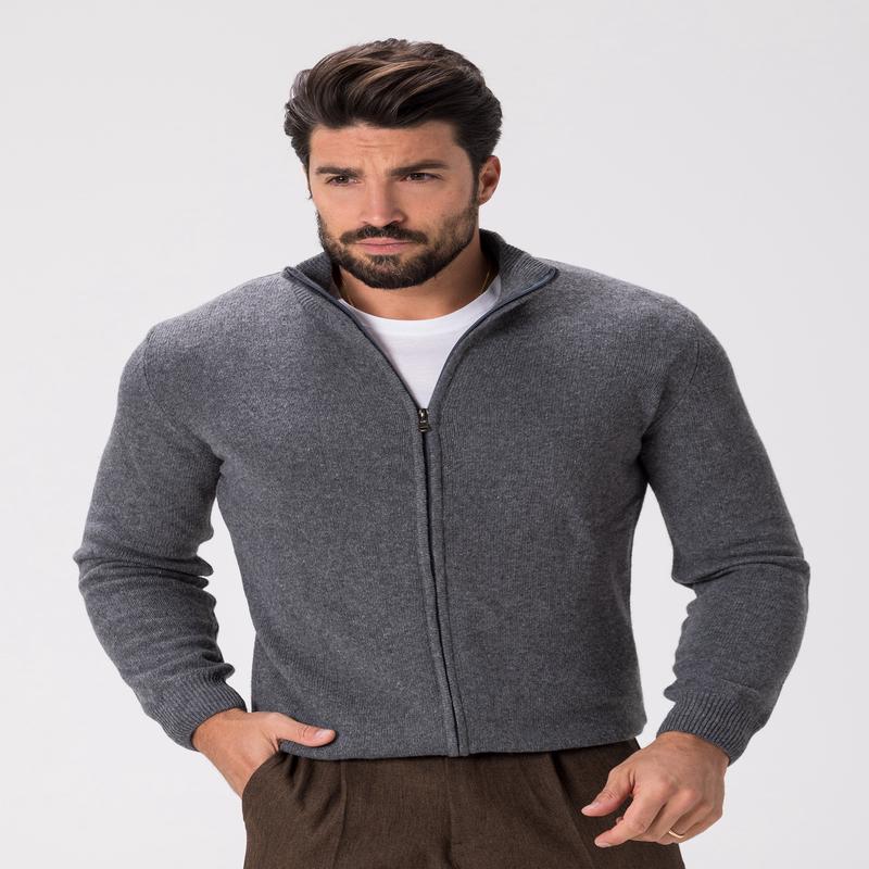 WOOL ZIPPED CARDIGAN IN ANTHRACITE