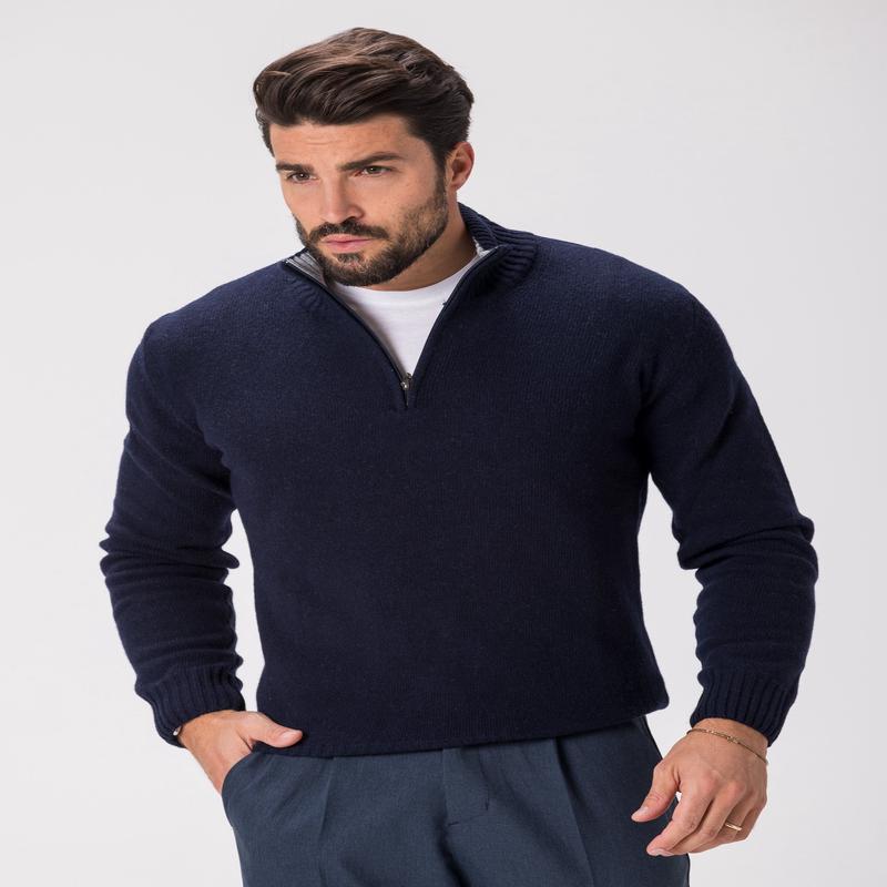WOOL ZIPPED SWEATER IN NAVY