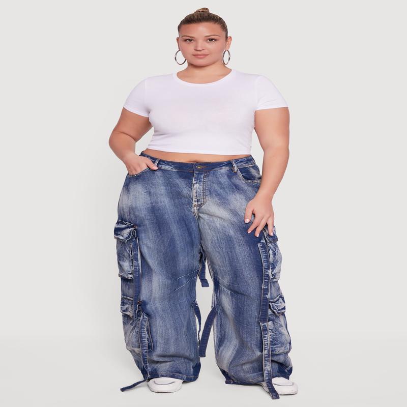 Plus Size Acid Wash Wide Leg Strap Cargo Jeans
