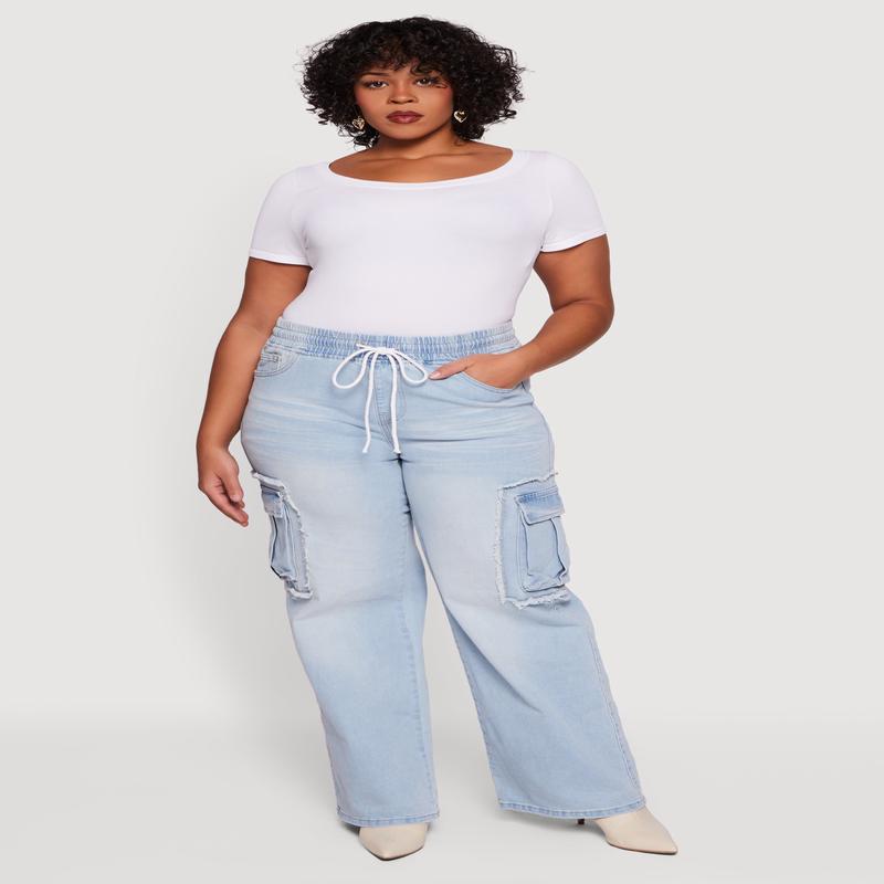 Plus Size VIP Drawstring Waist Wide Leg Cargo Jeans
