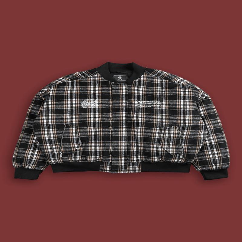 Marked Vicious Plaid Bomber Jacket in Black/Brown Plaid