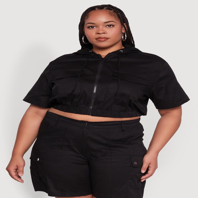 Plus Size Stylish Zip Front Cropped Hoodie
