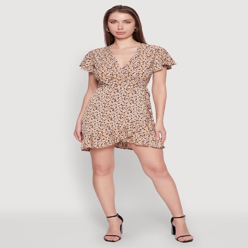 Floral Wrap Dress with Ruffles and V-Neck