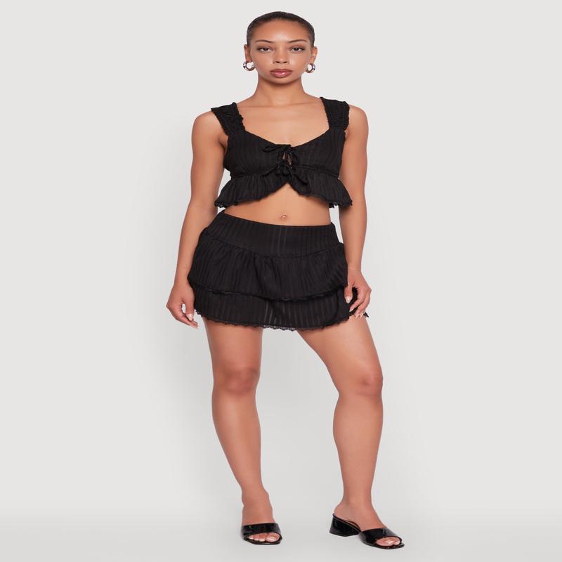 Haute Monde Shadow Stripe Tiered Skirt with Lace Detail