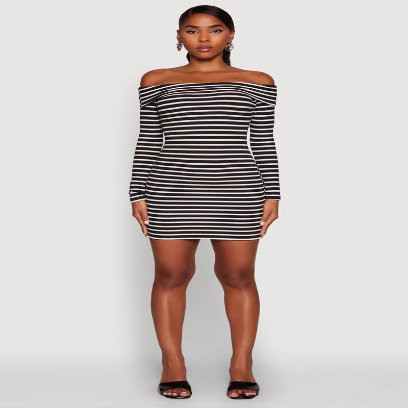 Iris Striped Off The Shoulder Mini Bodycon Dress