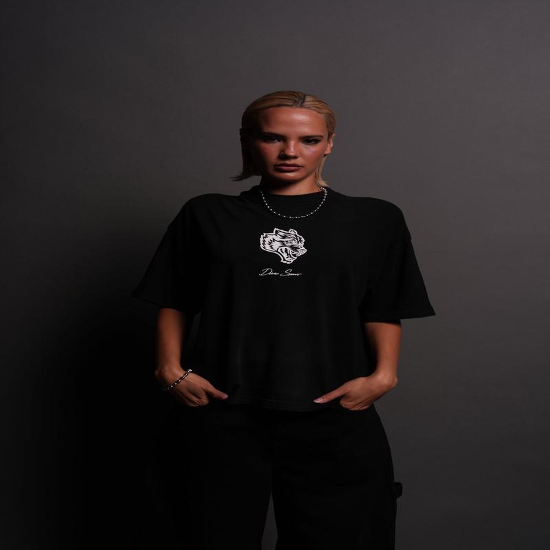 Our Wolf Forever Box Cut "Pump Cover" Tee in Black Spine Sun Fade
