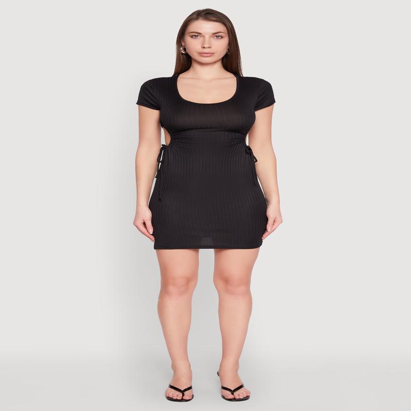 Rib Knit Side Ruched Keyhole Mini Dress