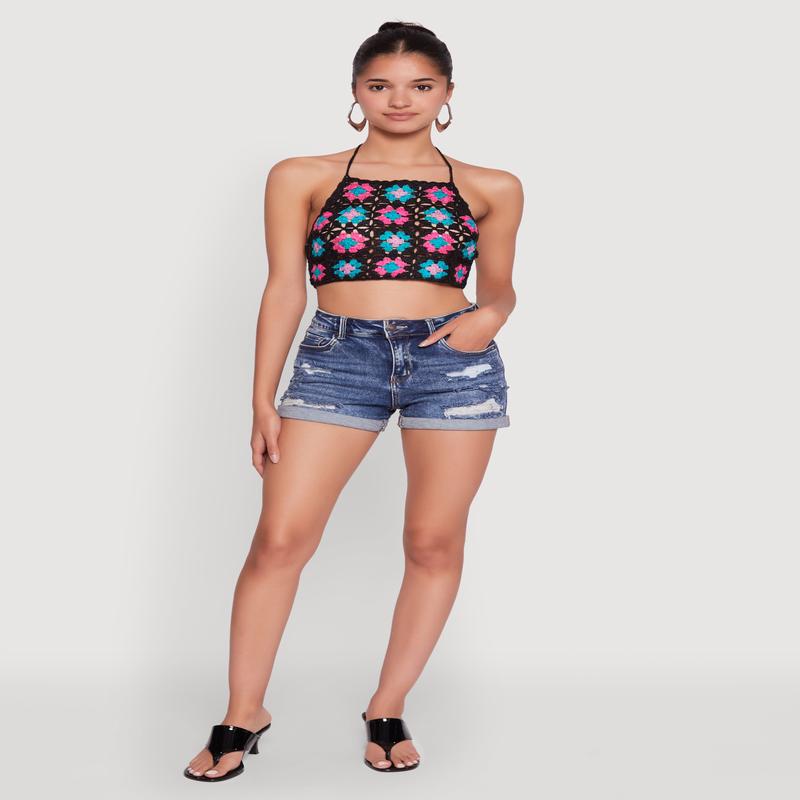 Trendy Patterned Crochet Tie Back Halter Crop Top