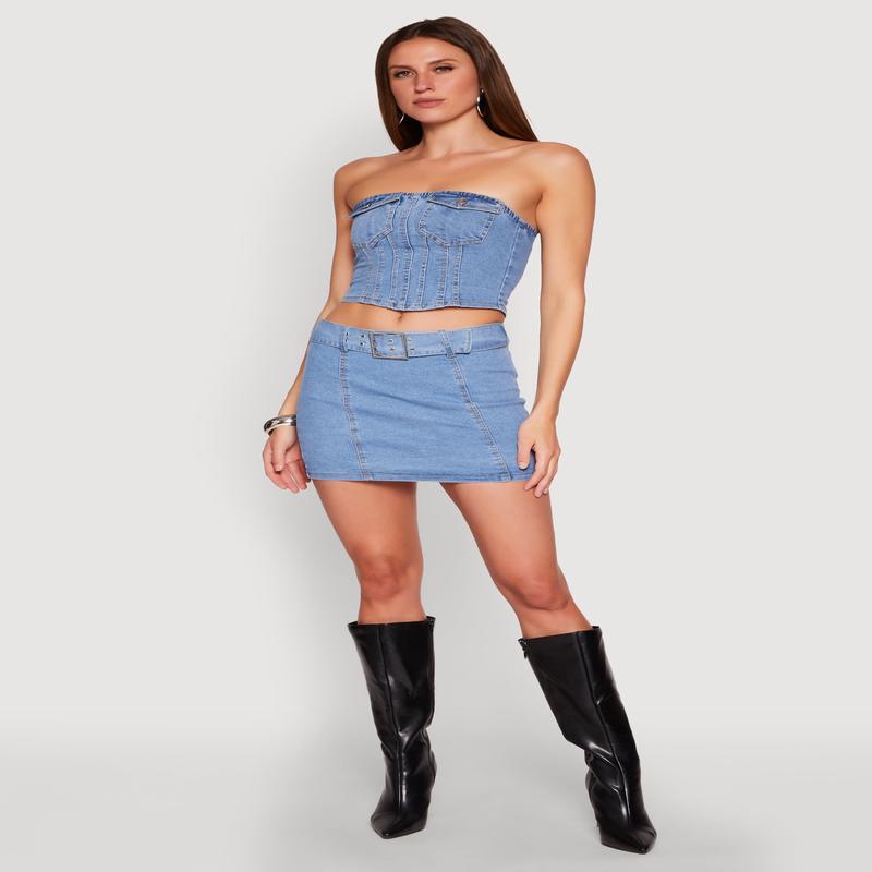 Zip Back Belted Front Denim Mini Skirt
