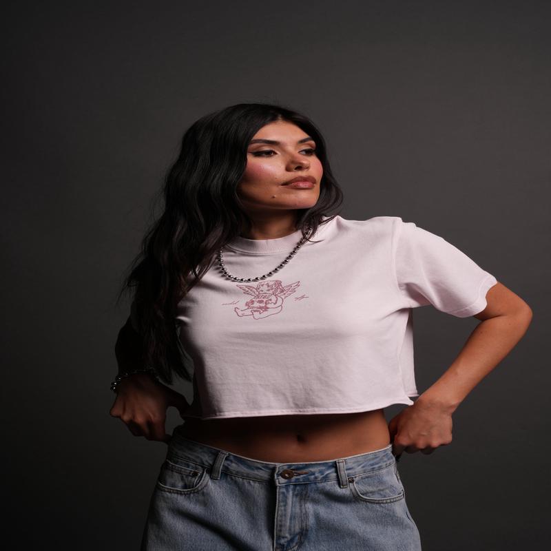 Cherub and the Skull "Premium" (Cropped) Tee in Blush Pink