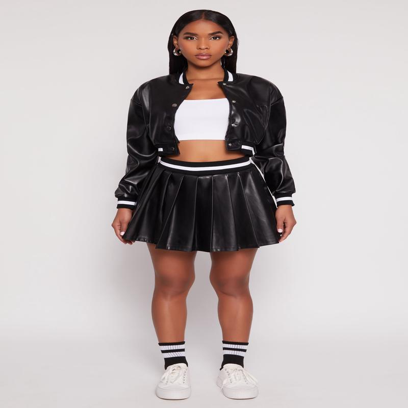 Faux Leather Varsity Stripe Pleated Skort