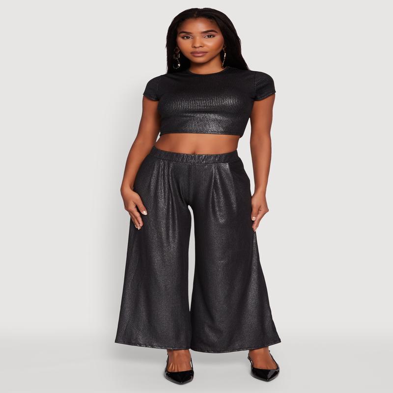 Lurex Ribbed Knit High Waisted Pants