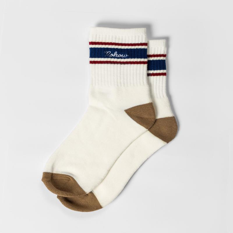 NOHOW STRIPED CREW SOCKS IN CREAM AND TAUPE