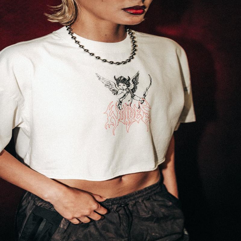 Viking Cherub "Grunge" Oversized (Cropped) Tee in Cream