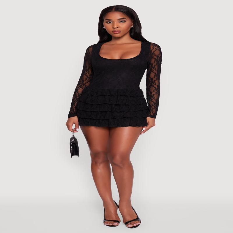 Floral Lace Ruffle Tiered Keyhole Back Mini Dress