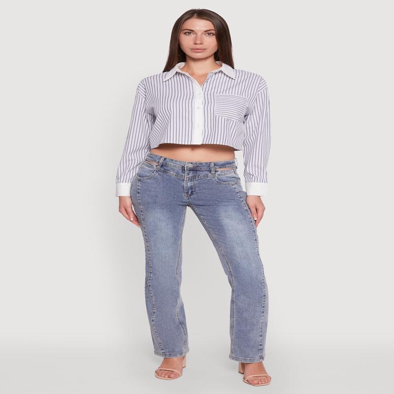 Haute Monde Poplin Button Front Striped Cropped Shirt