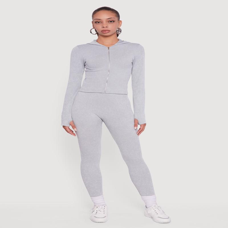 Ribbed Knit High Waisted Acid Wash Leggings