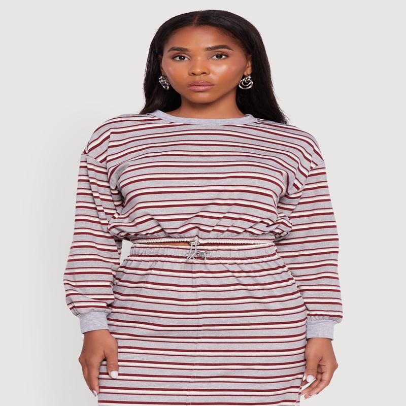 Striped Cropped Toggle Drawstring Hem Sweatshirt