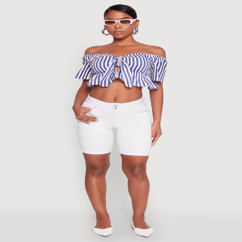 Striped Off the Shoulder Tie Front Crop Top