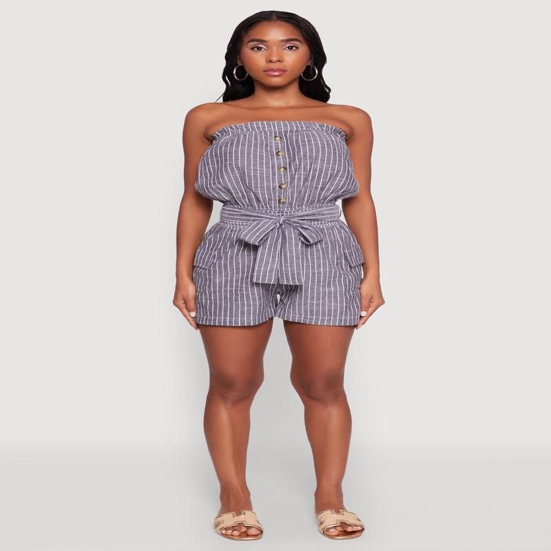 Tie Waist Belted Striped Strapless Cargo Romper