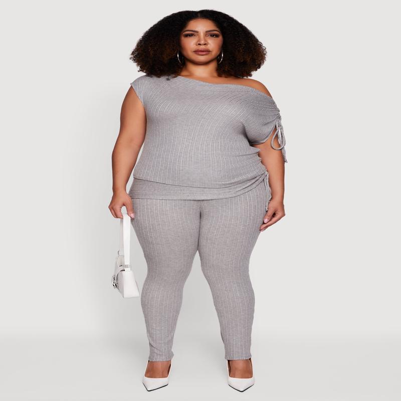 Plus Size Brushed Knit Fold Over Ruched Drawstring Side Pants