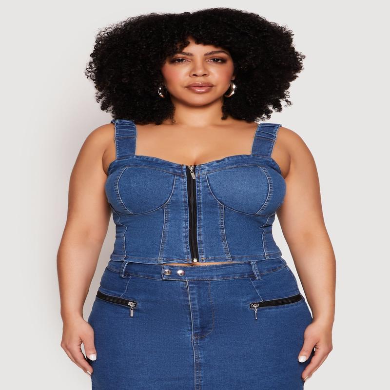 Plus Size Denim Zip Front Bustier Top
