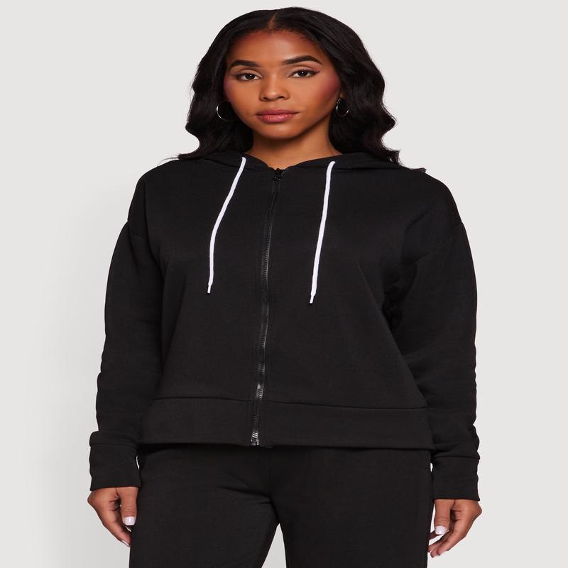Solid Zip Front Hooded Sweatshirt
