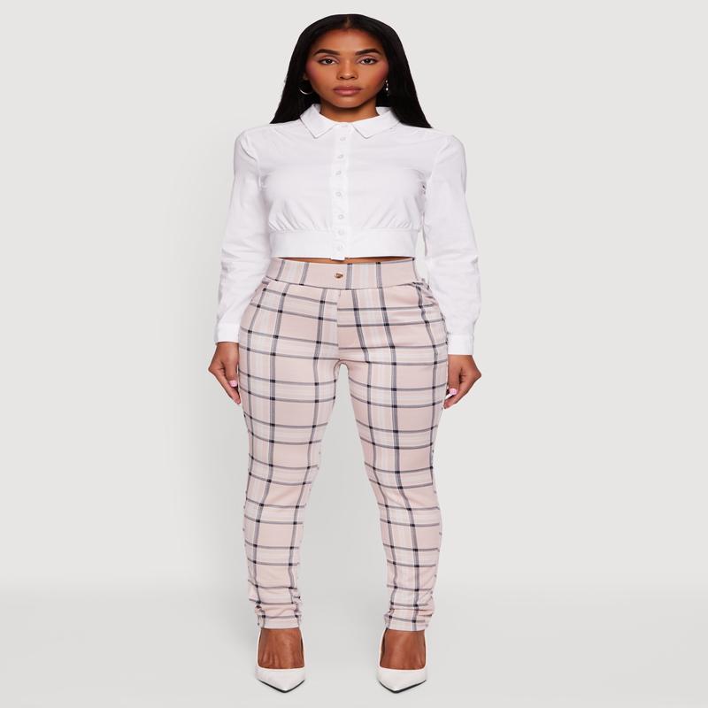High Waisted  Pull On Plaid Skinny Dress Pants