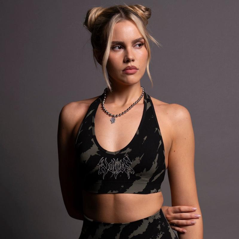 Why Wait "Everson Seamless" Valencourt Halter Bra in Pine Green/Black Native Camo