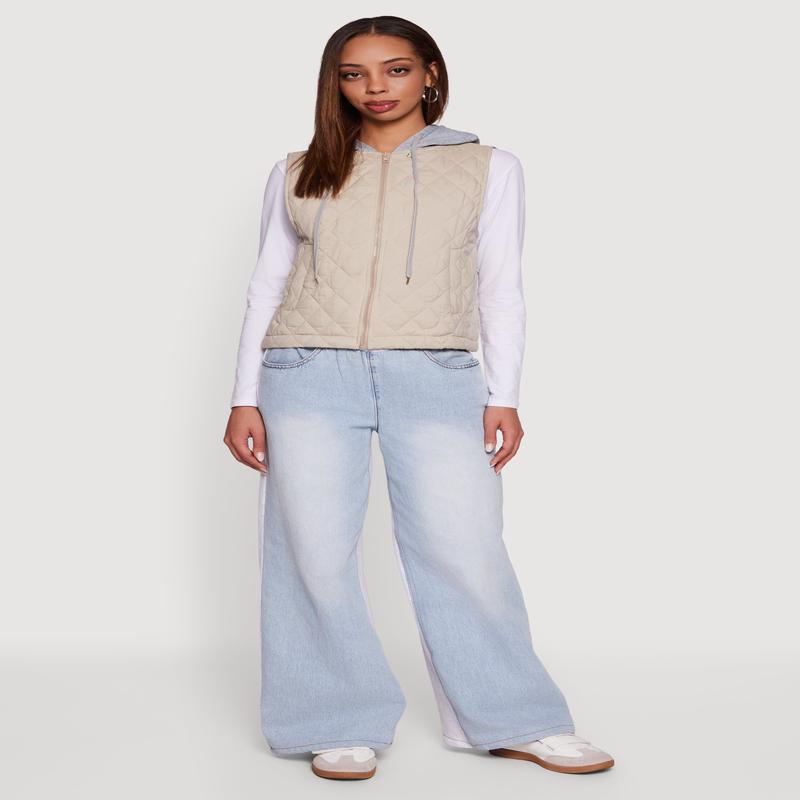 Fleece Hooded Zip Front Quilted Vest