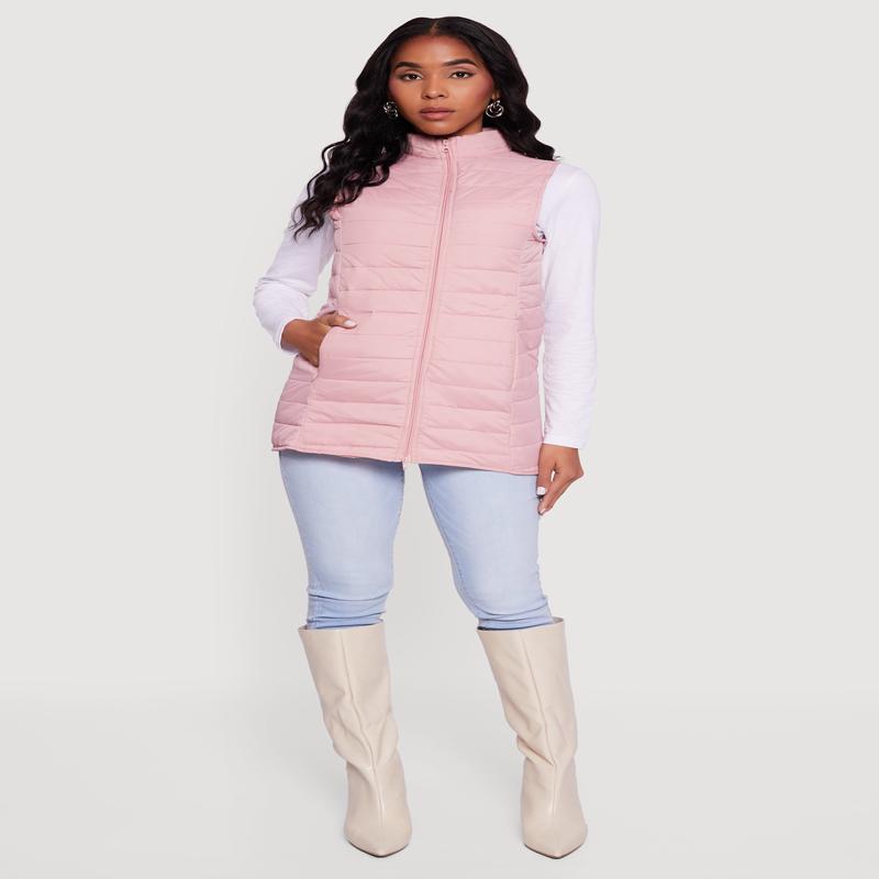 Nylon Zip Front Mock Neck Puffer Vest