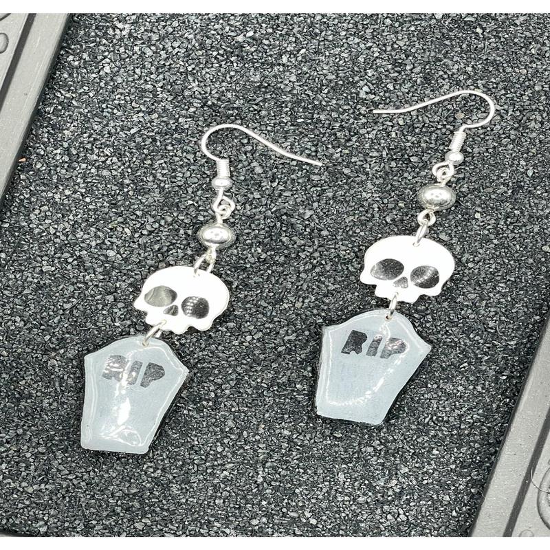 Salem RIP Coffin Skull Dangle Earrings