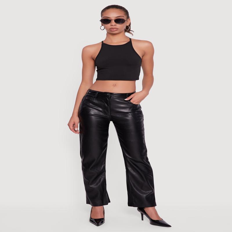 Mid Rise Faux Leather Straight Leg Pants