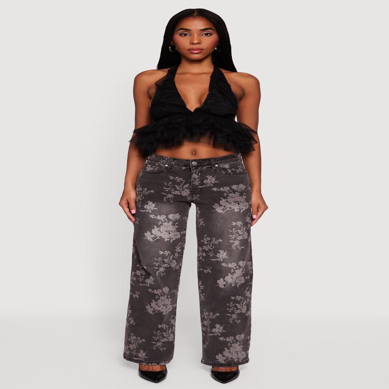 Tulle Ruffle Hem Backless Cropped Halter Top