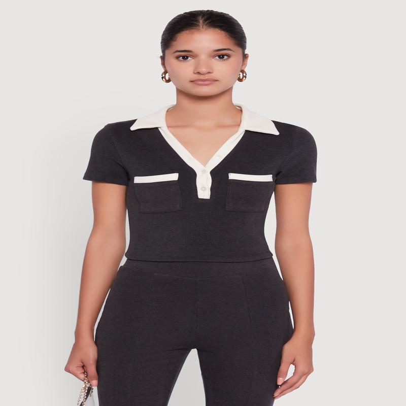 Brushed Knit Contrast Trim Cropped Polo Shirt
