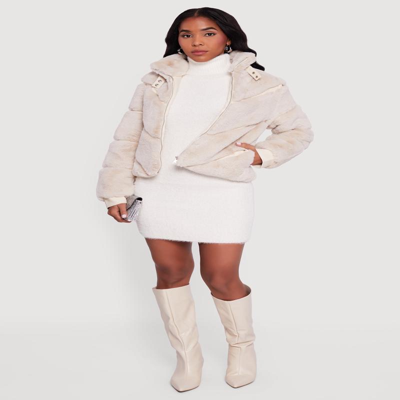 Chevron Faux Fur Zip Front Jacket