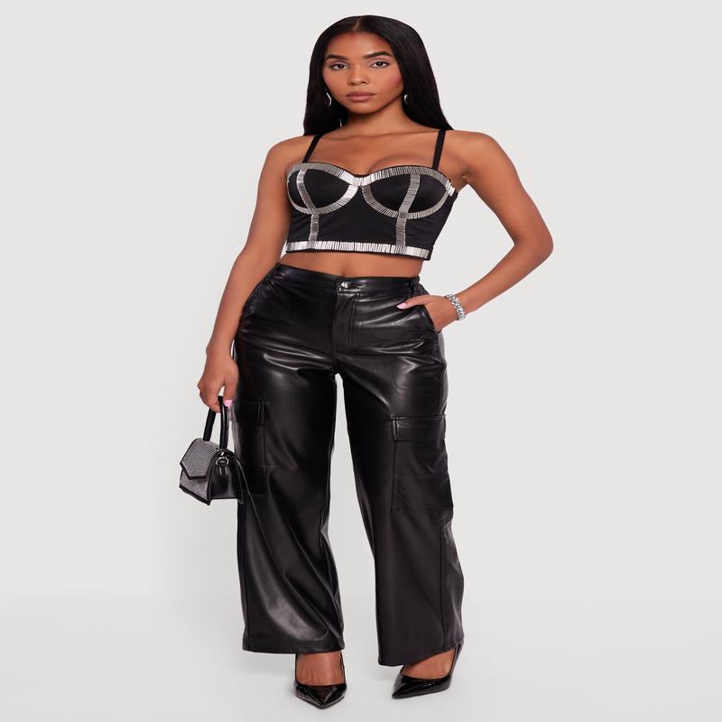 Faux Leather Straight Leg Cargo Pants