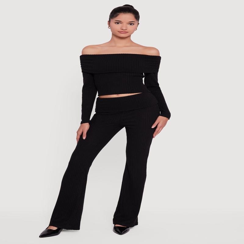 Fold Over High Waisted Flare Leg Ribbed Knit Pants