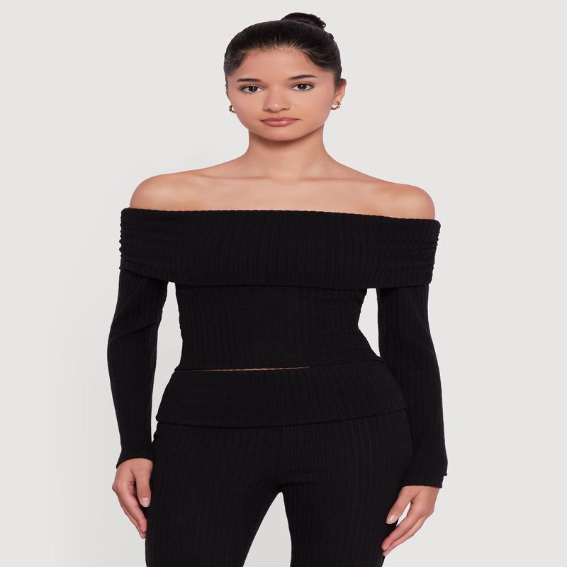 Off the Shoulder Long Sleeve Brushed Knit Top