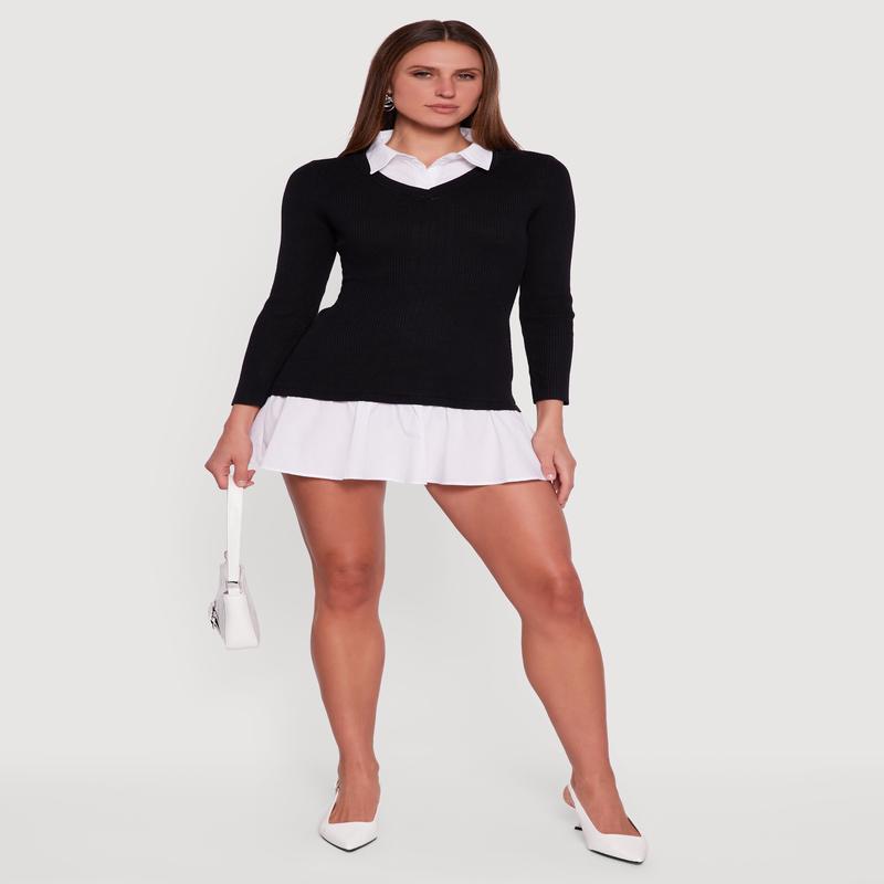 Shirt Collar Layered Look Sweater Dress