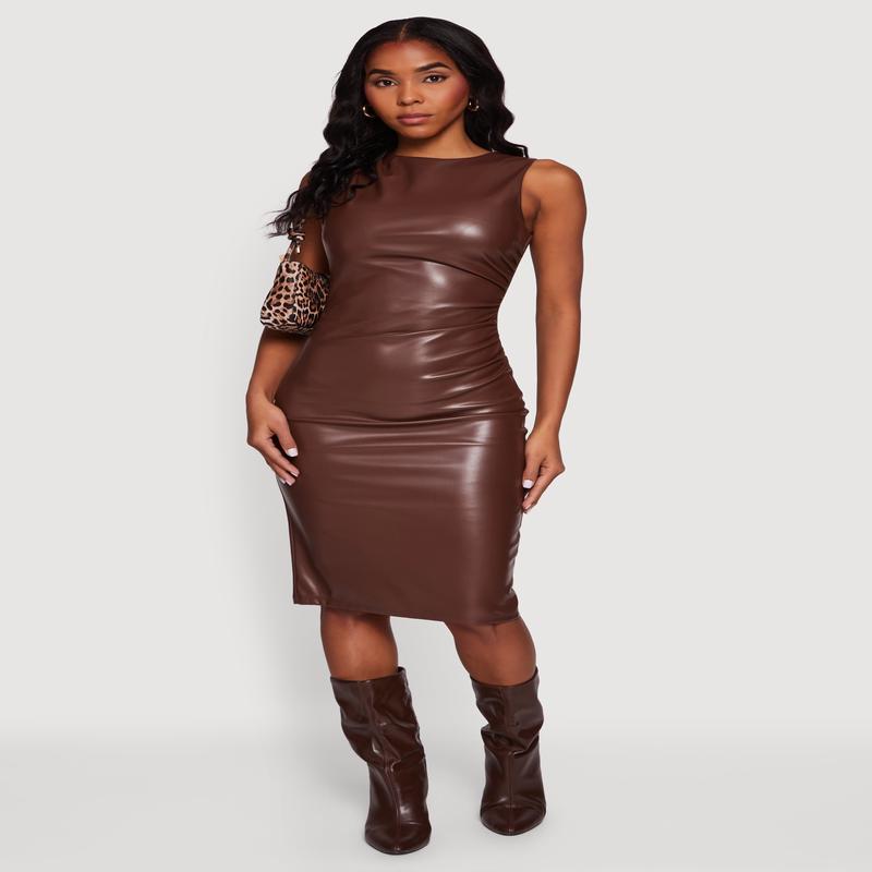 Sleeveless Faux Leather Midi Dress