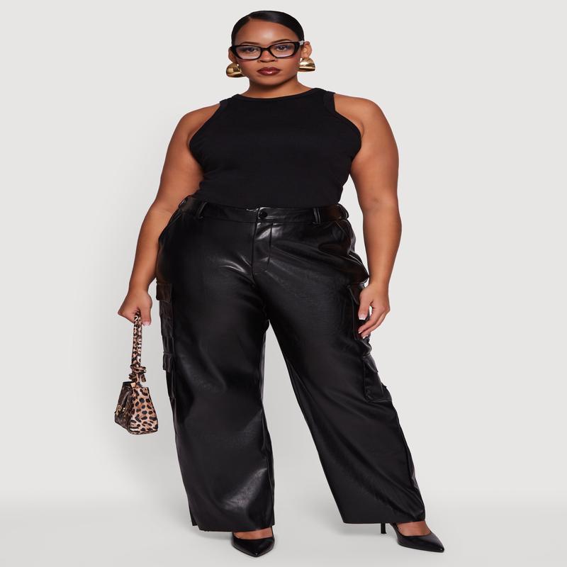 Plus Size High Waisted Wide Leg Faux Leather Cargo Pants