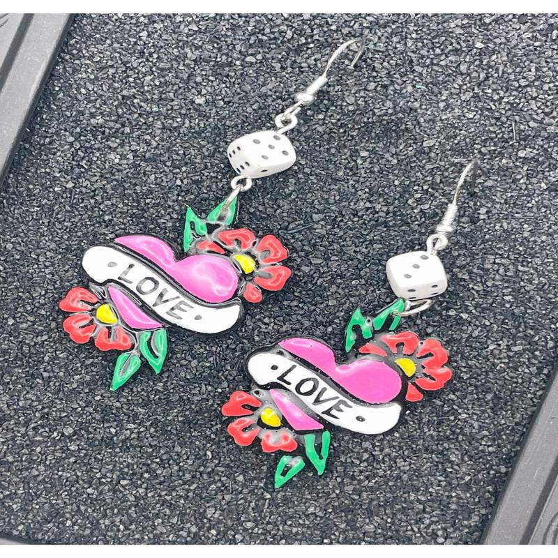 Tattoo Love Dangly Heart Earrings