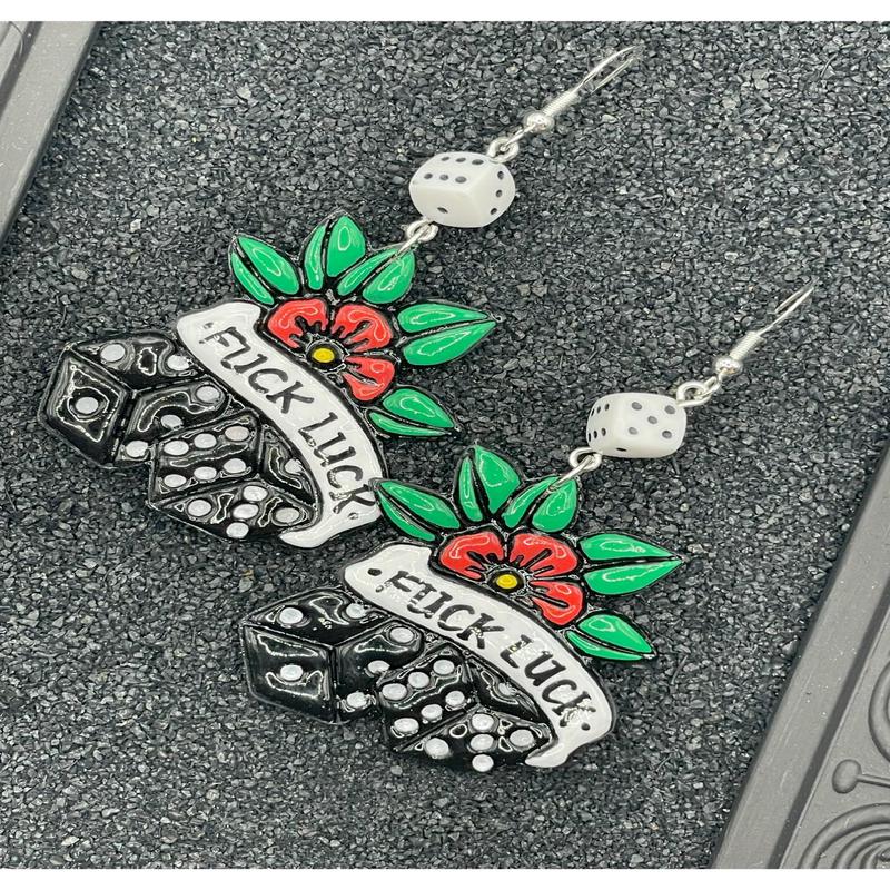 Tattoo Love F*ck Luck Dice Earrings